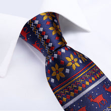 Christmas Blue Red Elk Floral Men's Tie Handkerchief Cufflinks Clip Set