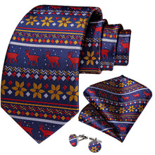 Christmas Red Elk Floral Men's Tie Pocket Square Cufflinks Set