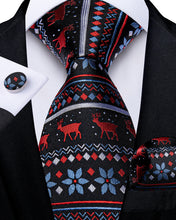 Christmas Black Solid Red Elk Floral Men's Tie Pocket Square Cufflinks Set