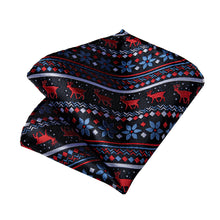 Christmas Black Solid Red Elk Floral Men's Tie Pocket Square Cufflinks Set
