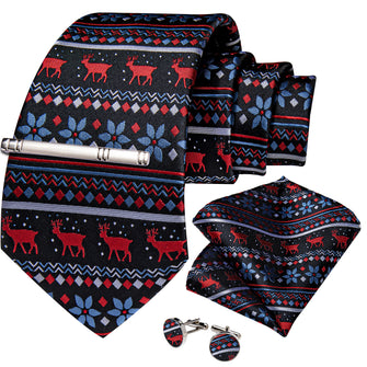 Christmas Black Red Elk Floral Men's Tie Handkerchief Cufflinks Clip Set