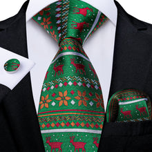 Christmas Green Solid Red Floral Men's Tie Pocket Square Cufflinks Set