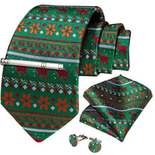 Christmas Green Red EIk Floral Men's Tie Handkerchief Cufflinks Clip Set