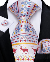 Christmas White Solid Elk Floral Men's Tie Pocket Square Cufflinks Set