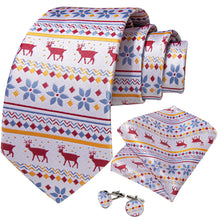 Christmas White Solid Elk Floral Men's Tie Pocket Square Cufflinks Set