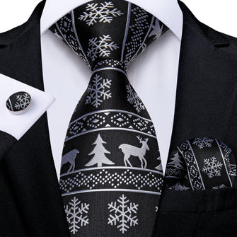 Christmas Black Solid Elk Floral Tree Men's Tie Pocket Square Cufflinks Set