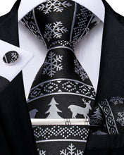 Christmas White Elk Floral Black Solid Men's Tie Handkerchief Cufflinks Clip Set