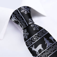 Christmas White Elk Floral Black Solid Men's Tie Handkerchief Cufflinks Clip Set