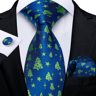 Blue Silk Green Christmas Tree Men's Tie Pocket Square Cufflinks Set