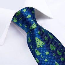 Christmas Green Tree Blue Solid Men's Tie Handkerchief Cufflinks Clip Set