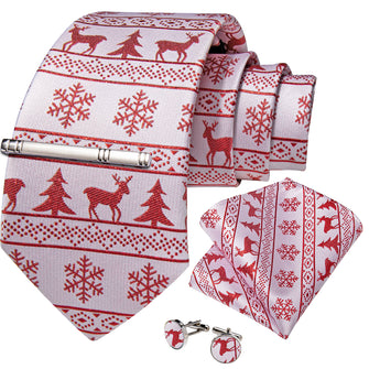 Christmas Red Elk Snowflake Men's Tie Handkerchief Cufflinks Clip Set