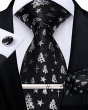 Christmas Silver Tree Black Solid Men's Tie Handkerchief Cufflinks Clip Set