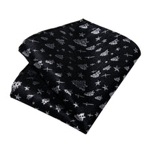 Christmas Black Solid Silver Tree Men's Tie Pocket Square Cufflinks Set