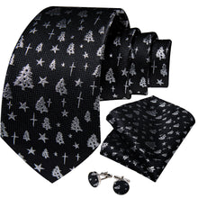 Christmas Black Solid Silver Tree Men's Tie Pocket Square Cufflinks Set