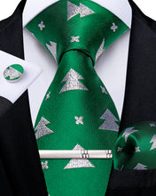 Christmas Pattern Green Solid Men's Tie Handkerchief Cufflinks Clip Set