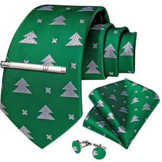 Christmas Pattern Green Solid Men's Tie Handkerchief Cufflinks Clip Set