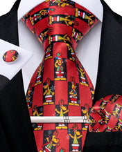 Christmas Red Solid Cartoon Dog Men's Tie Pocket Square Cufflinks Clip Set