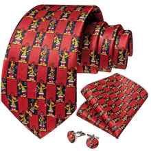 Christmas Red Solid Cartoon Dog Men's Tie Pocket Square Cufflinks Set