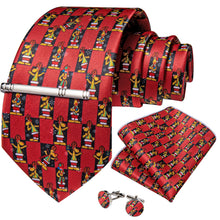 Christmas Red Solid Cartoon Dog Men's Tie Pocket Square Cufflinks Clip Set