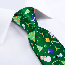Christmas Green Floral Cartoon Men's Tie Pocket Square Cufflinks Set