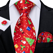 Red Silk Santa Christmas Tree Men's Floral Tie Pocket Square Cufflinks Set