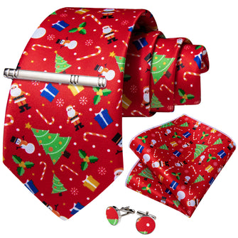 Christmas Novel Red Men's Tie Handkerchief Cufflinks Clip Set