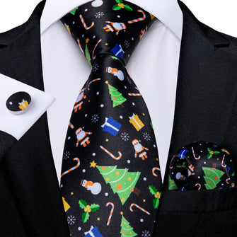Black Silk Santa Christmas Tree Men's Tie Pocket Square Cufflinks Set