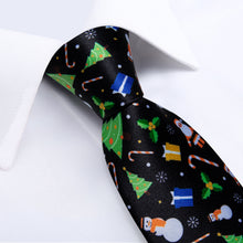 Black Silk Santa Christmas Tree Men's Tie Pocket Square Cufflinks Set