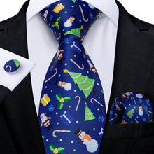 Blue Silk Santa Christmas Tree Men's Tie Pocket Square Cufflinks Set