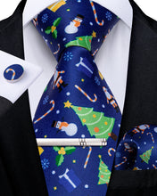 Christmas Novel Blue Men's Tie Handkerchief Cufflinks Clip Set