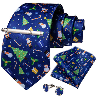 Christmas Novel Blue Men's Tie Handkerchief Cufflinks Clip Set