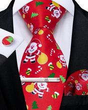 Christmas Novel Cartoon Red Men's Tie Handkerchief Cufflinks Clip Set