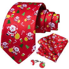 Christmas Red Santa Novelty Tree Men's Tie Pocket Square Cufflinks Set