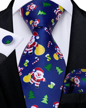 Christmas Blue Santa Novelty Tree Men's Tie Pocket Square Cufflinks Set