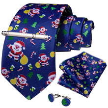 Christmas Novel Cartoon Blue Men's Tie Handkerchief Cufflinks Clip Set