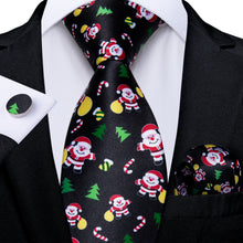 Christmas Black Santa Novelty Tree Men's Tie Pocket Square Cufflinks Set