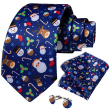 Christmas Blue Cartoon Novelty Men's Tie Pocket Square Cufflinks Set