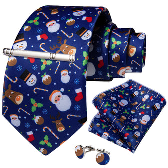 Christmas Novel Cartoon Dark Blue Men's Tie Handkerchief Cufflinks Clip Set