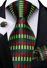 Christmas Red Green Yellow Pattern Men's Tie Pocket Square Cufflinks Clip Set