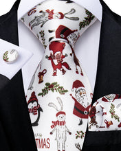 Christmas Novelty Cartoon White Solid Men's Tie Pocket Square Cufflinks Set