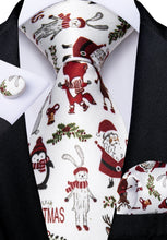 Christmas Novelty Cartoon White Solid Men's Tie Pocket Square Cufflinks Clip Set