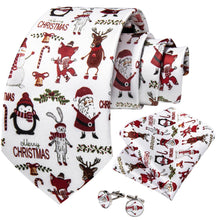Christmas Novelty Cartoon White Solid Men's Tie Pocket Square Cufflinks Set