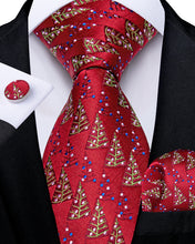 Christmas Red Solid Leaf Pattern Men's Tie Pocket Square Cufflinks Set