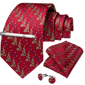 Christmas Red Solid Leaf Pattern Men's Tie Pocket Square Cufflinks Clip Set