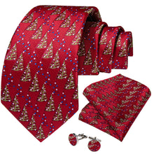 Christmas Red Solid Leaf Pattern Men's Tie Pocket Square Cufflinks Set