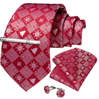 Christmas Red Lattice Pattern Men's Tie Pocket Square Cufflinks Clip Set