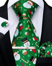 Christmas Novelty Green Men's Tie Pocket Square Cufflinks Clip Set