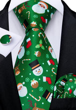 Christmas Novelty Green Men's Tie Pocket Square Cufflinks Clip Set