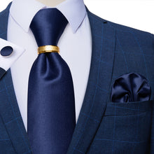 4PCS Blue Solid Silk Men's Tie Pocket Square Cufflinks with Tie Ring Set