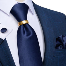 4PCS Blue Solid Silk Men's Tie Pocket Square Cufflinks with Tie Ring Set